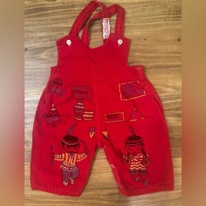 Vibrant Red Kids Rompover Vintage Overalls with Playful Embroidery 1960’s